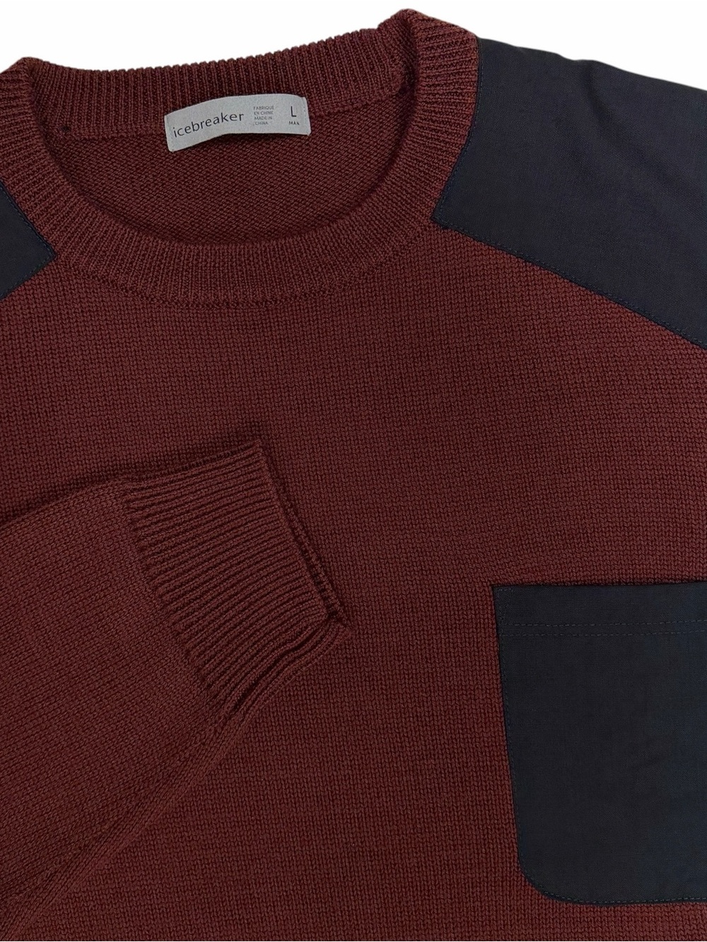 Icebreaker Sweater Mens Large Burgundy Medino Wool Barein Crew Commando Patches